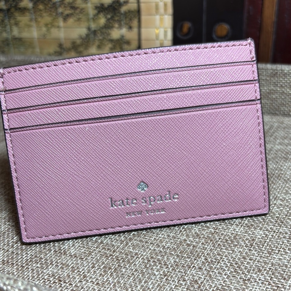 Kate Spade Card Holder Blush Leather w Glitter Back 4 3/8Lx3”H Pink Interior - Picture 5 of 17